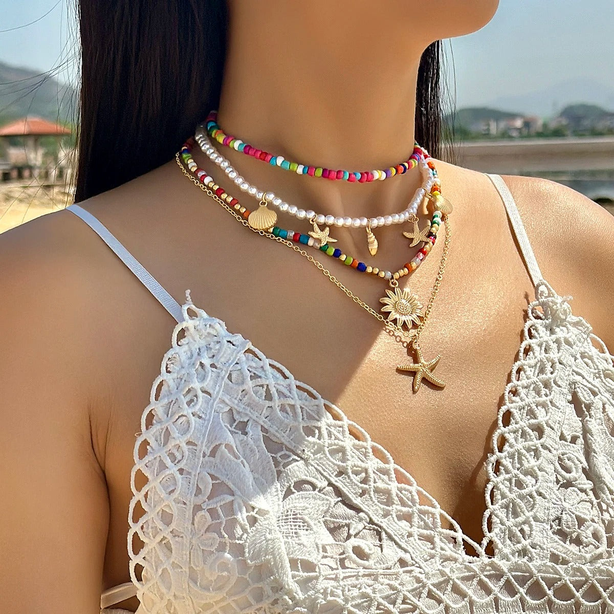 Tocona Bohemia Starfish Shell and Flower Pendant Necklace