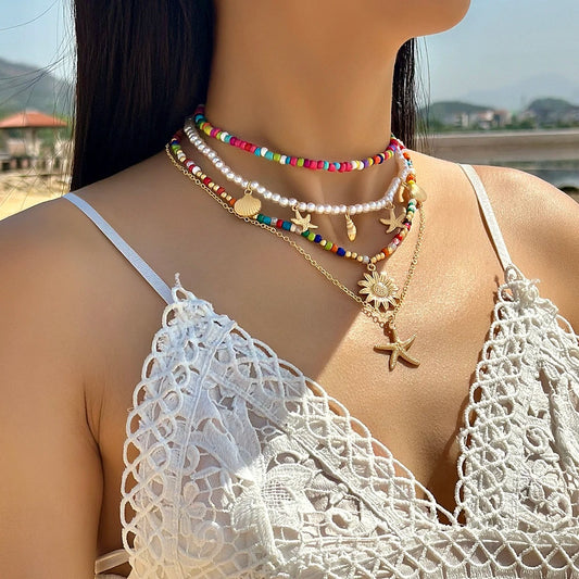 Tocona Bohemia Starfish Shell and Flower Pendant Necklace