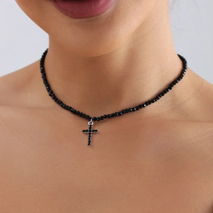 Simple Black Beads Necklace with Cross / Heart Pendant