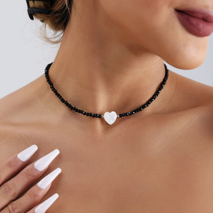 Simple Black Beads Necklace with Cross / Heart Pendant
