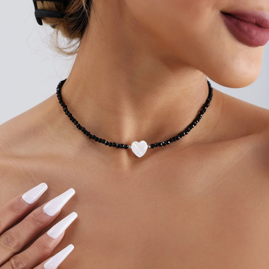 Simple Black Beads Necklace with Cross / Heart Pendant