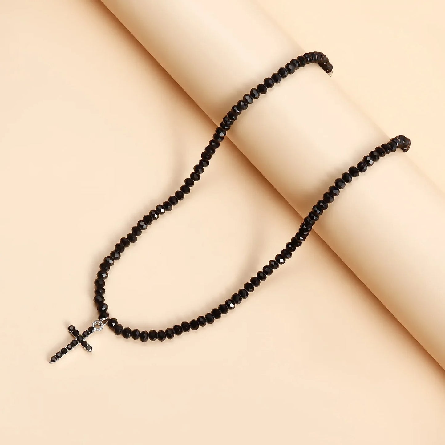 Simple Black Beads Necklace with Cross / Heart Pendant