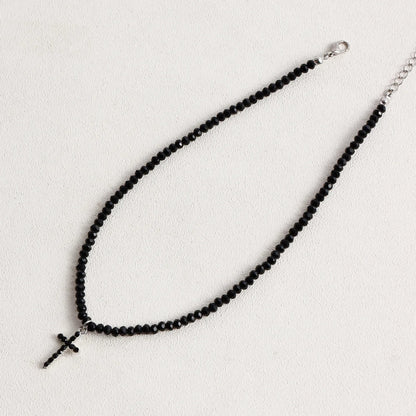 Simple Black Beads Necklace with Cross / Heart Pendant